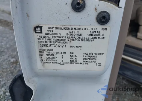 2003 Chevrolet Avalanche C1500 z USA, uszkodzony, nr VIN 3GNEC13T93G121917